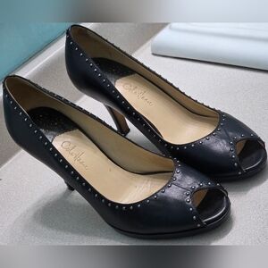 Cole Haan Black Silver Studded Rocker Chic Biker Peep-toe Heels Sz 9.5